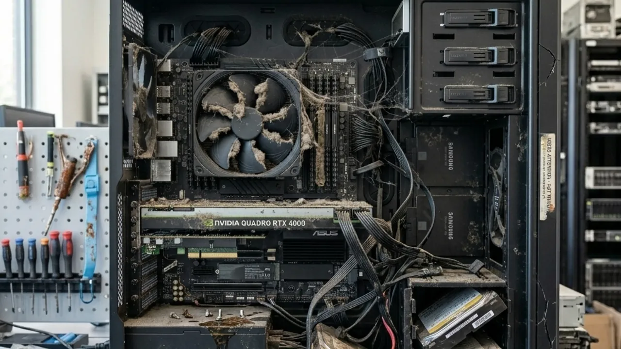 Damaged workstation hardware before diagnosis and repair